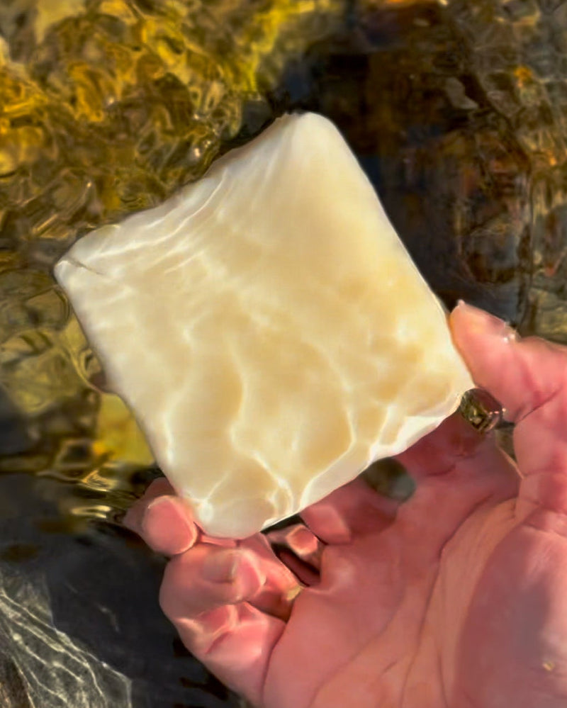 Hand holding a square piece of soap over water with rocks in the background